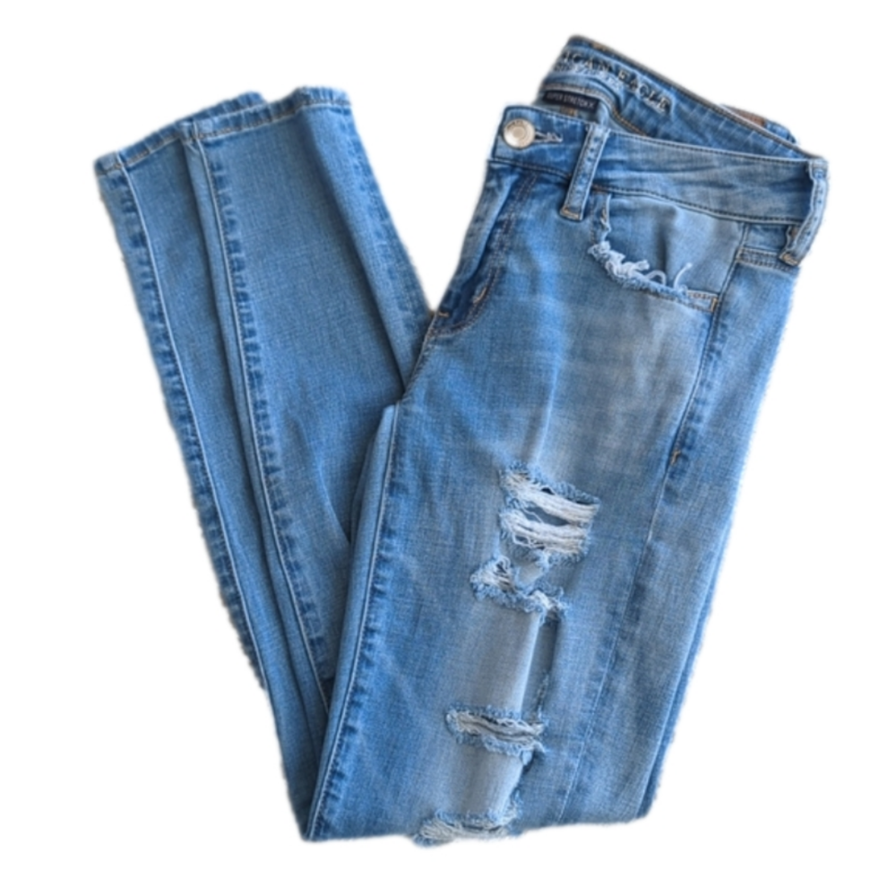 American Eagle Distressed Super Stretch Mid Rise Jegging Blue Jeans Size 2